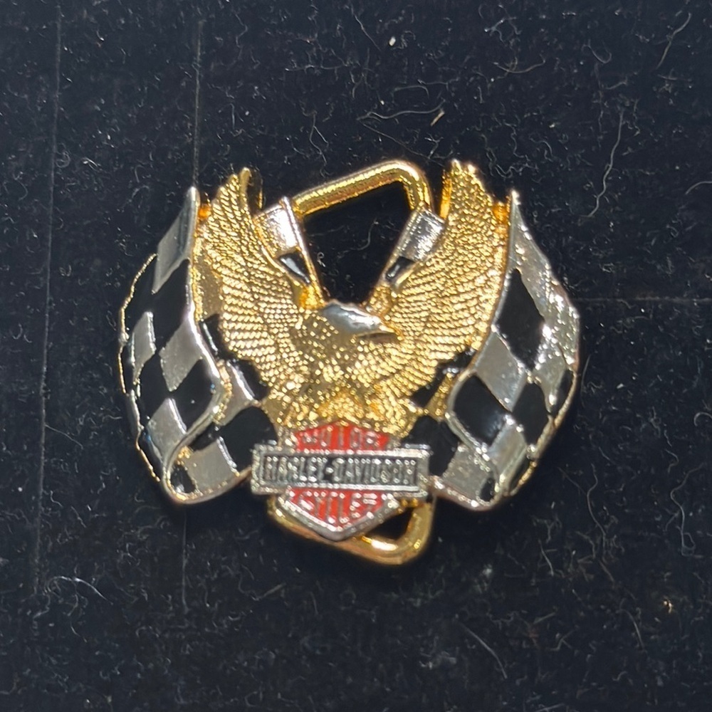 Harley-Davidson Gold and Black Eagle Pin with Checkered Flags